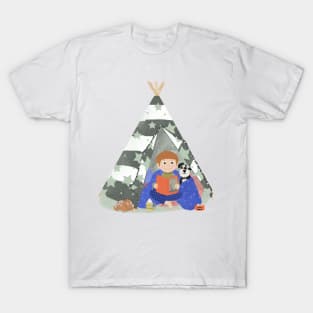Little boy in a teepee den with story book and puppy T-Shirt